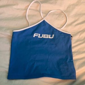 Fubu crop top blue vintage crop top cross neck asymmetrical size small halter